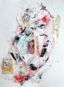 Bleeding Heart. Intaglio, relief, thread drawings, chine colle, collage. 24 x 30 in. 2012.